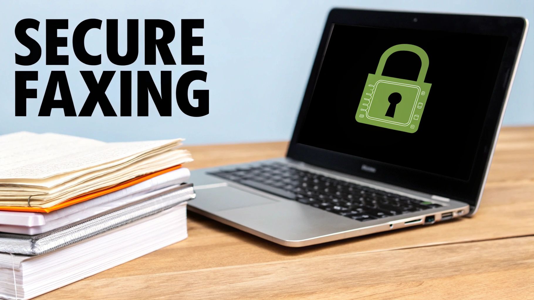 A laptop with a green padlock icon on screen next to a stack of documents, emphasizing secure faxing.