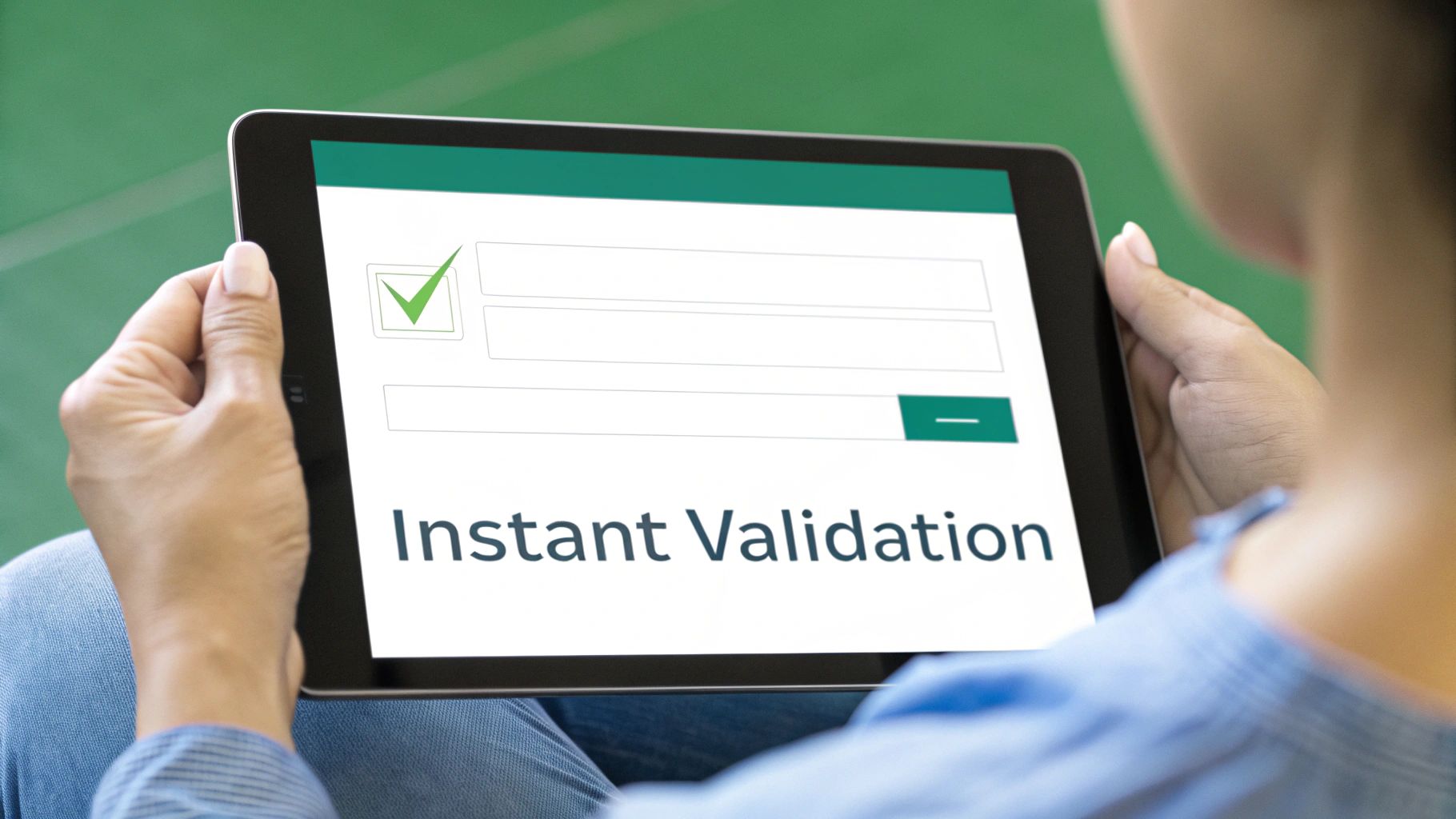 Person holding tablet displaying instant validation form with green checkmark and input fields
