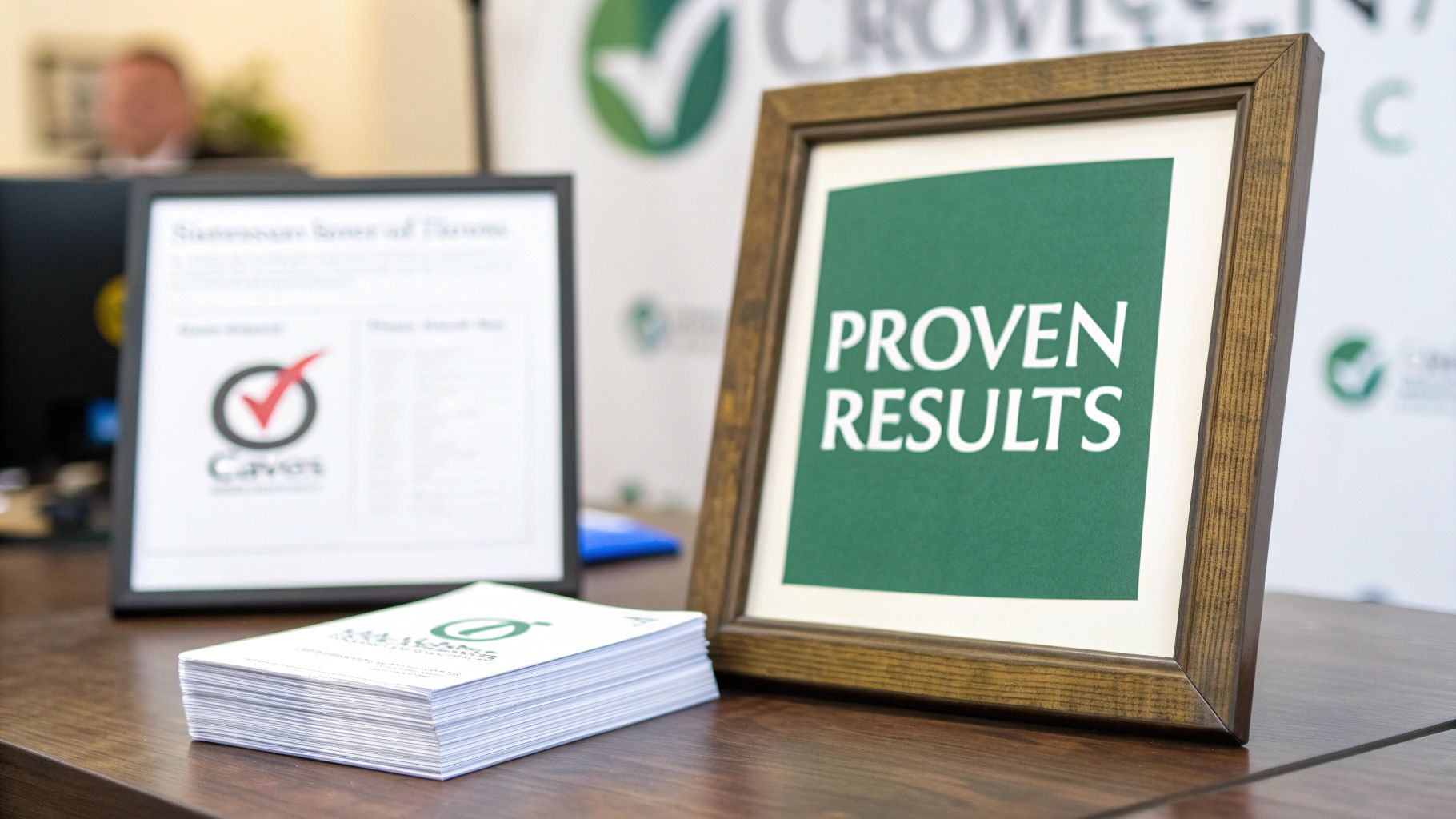 A framed 'PROVEN RESULTS' sign, a document with a checkmark logo, and a stack of brochures on a wooden desk.