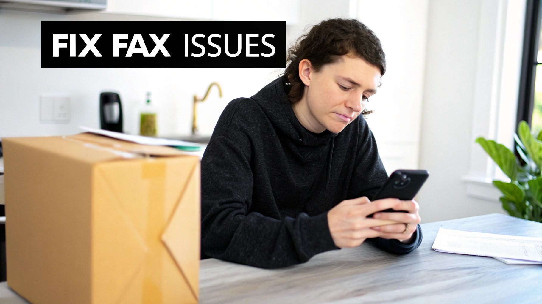 A person looking at their smartphone, sitting at a table with a box, focused on fixing fax issues.