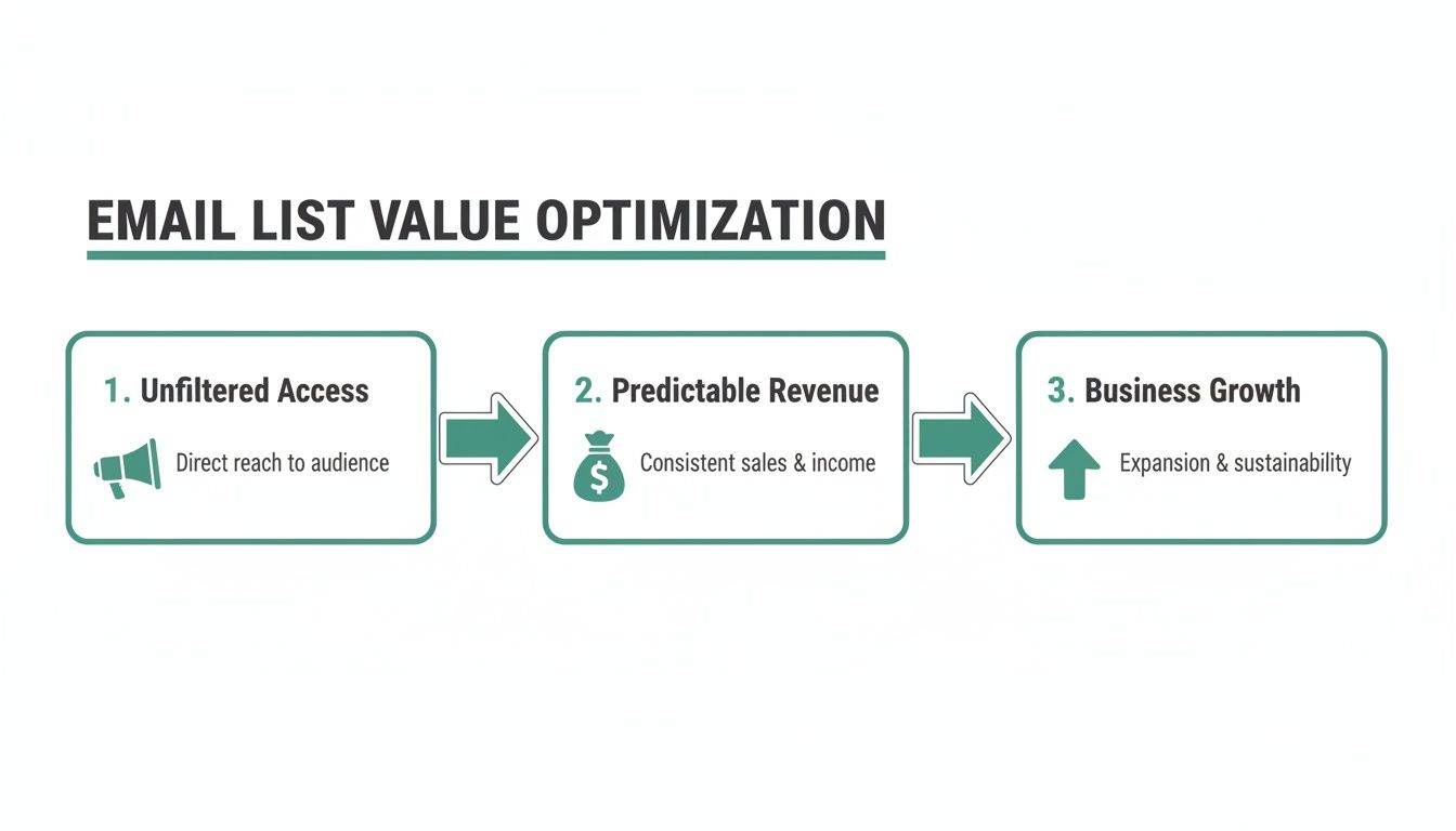 A flowchart illustrating email list value optimization leading to unfiltered access, predictable revenue, and business growth.