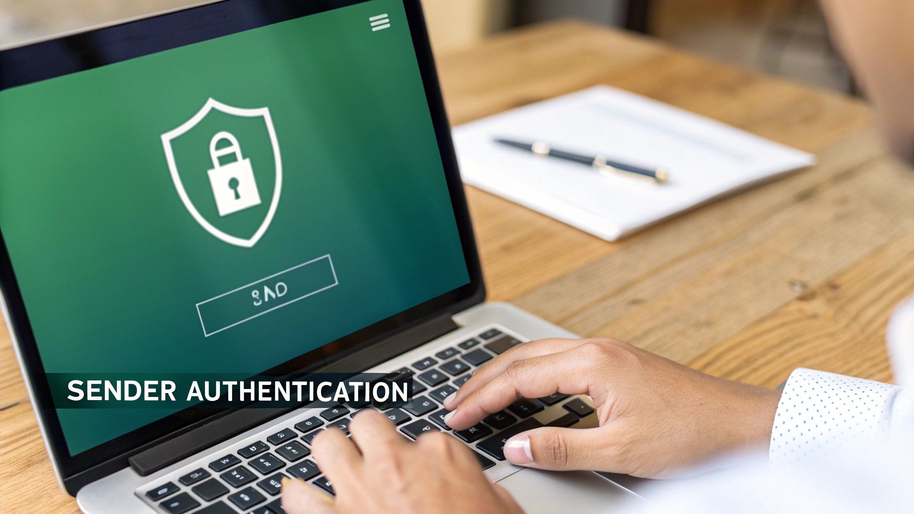 Person typing on laptop showing sender authentication security shield with lock icon on green screen