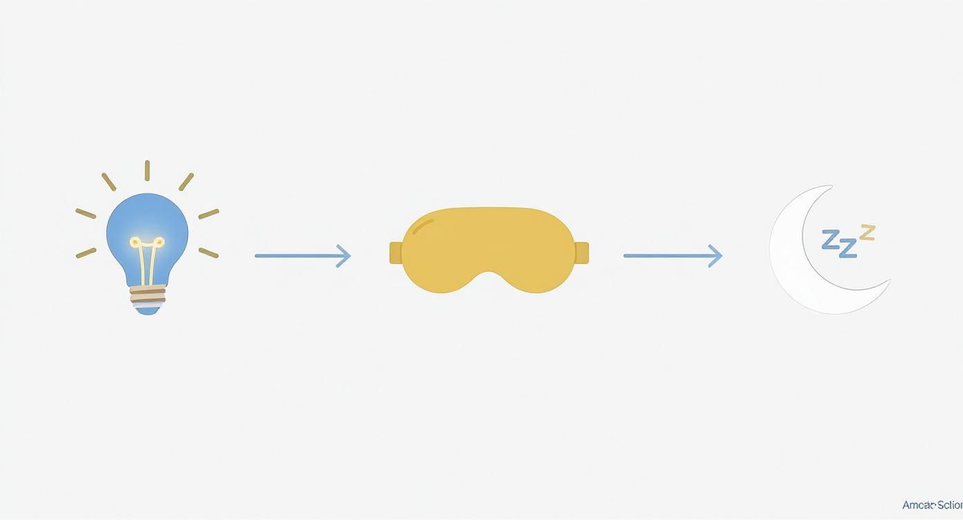 A visual sequence showing how a sleep mask helps block light to facilitate sleep.