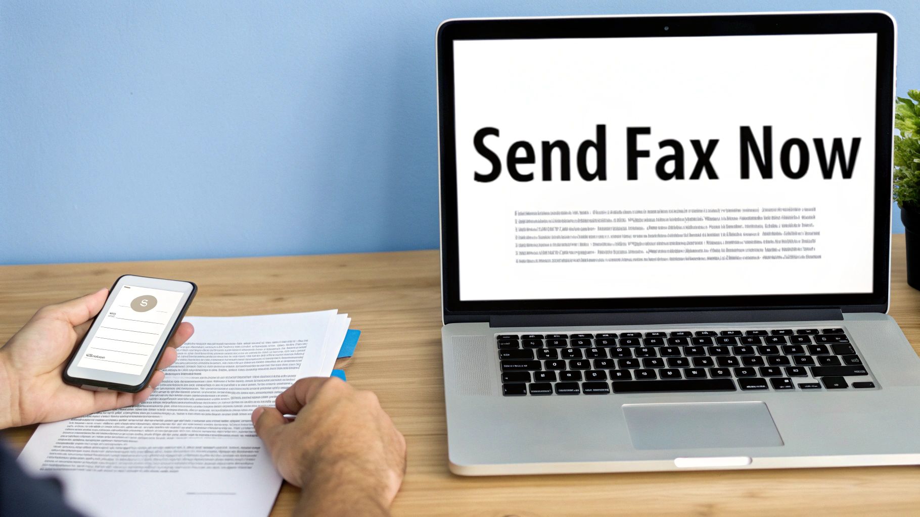 A person holding a smartphone while working on a laptop displaying 'Send Fax Now'.