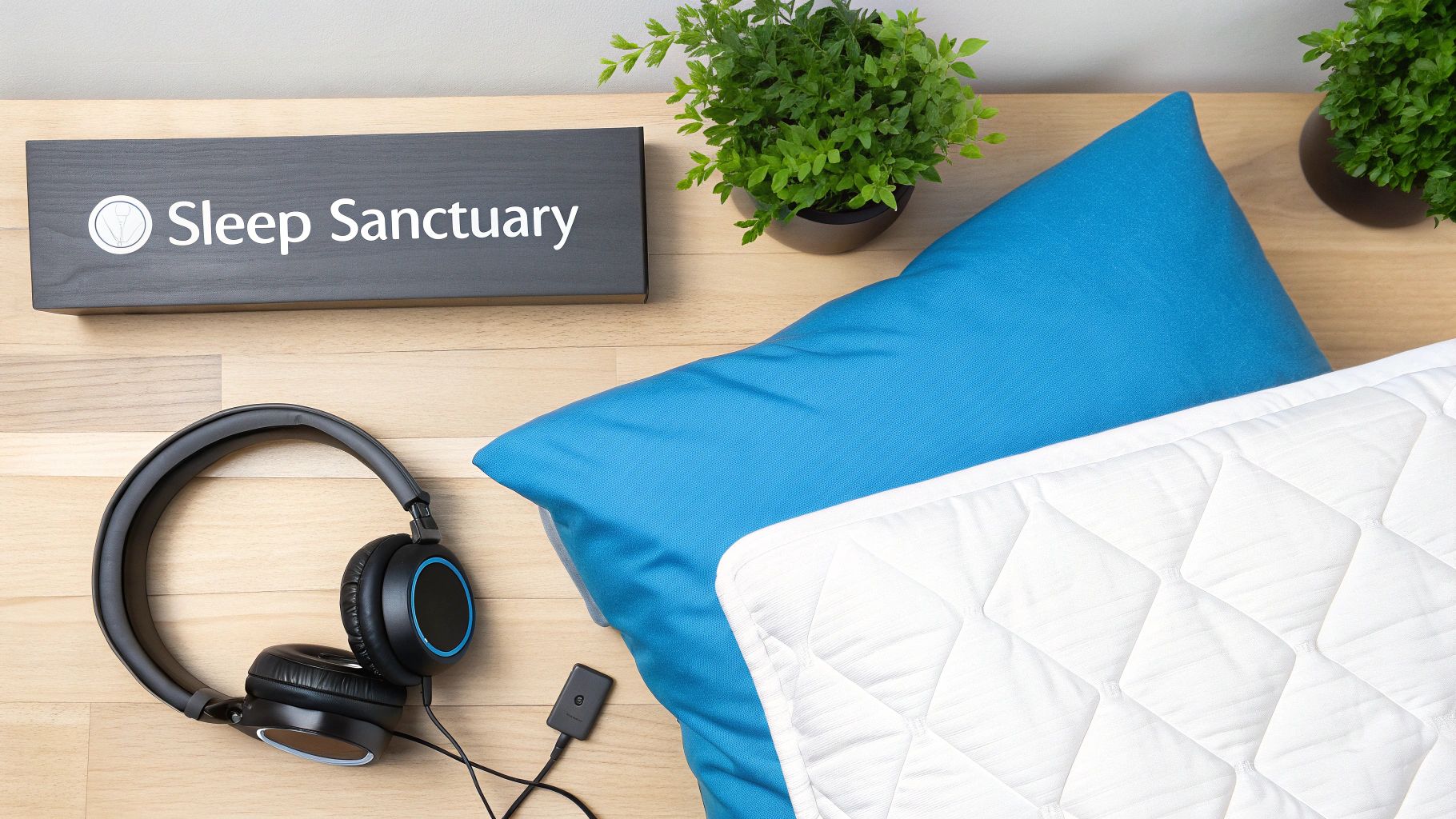 Overhead view of a 'Sleep Sanctuary' sign, headphones, blue pillow, and quilted mattress on a wooden surface.