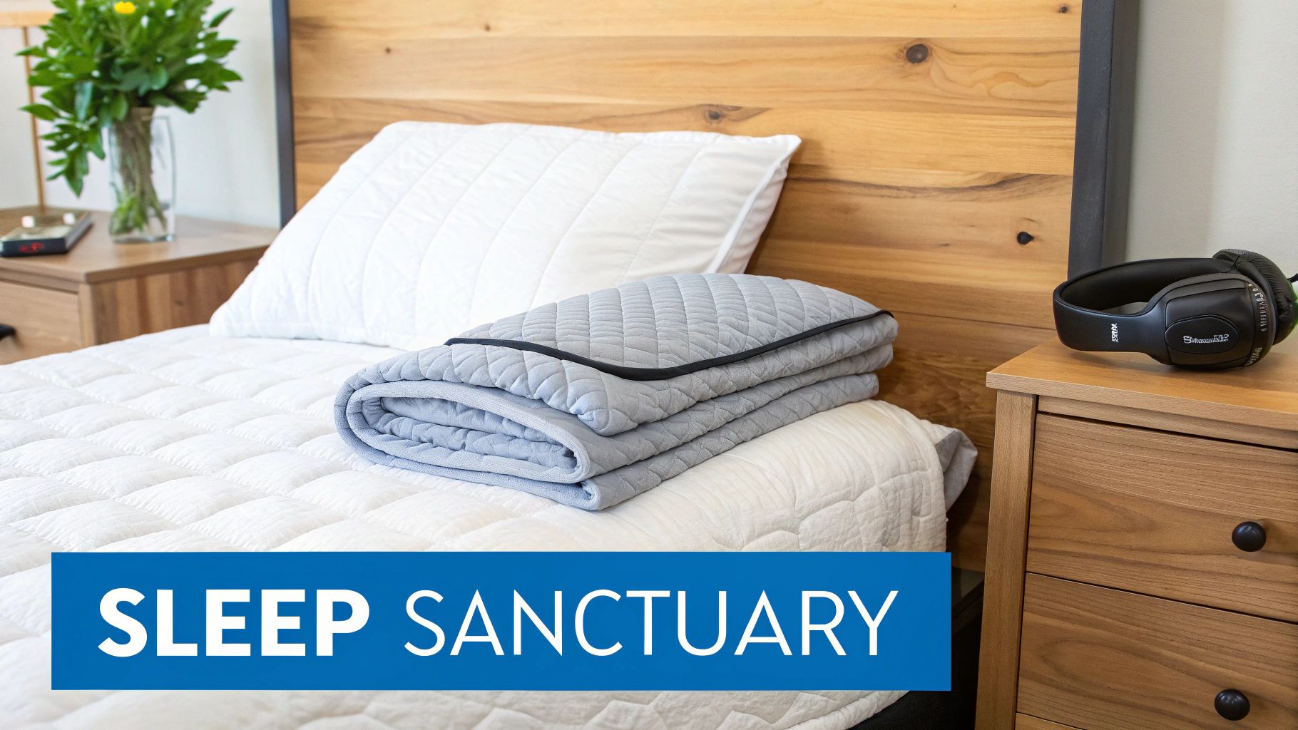 A cozy bed with white quilted bedding, a grey blanket, and wooden nightstands, with 'SLEEP SANCTUARY' banner.