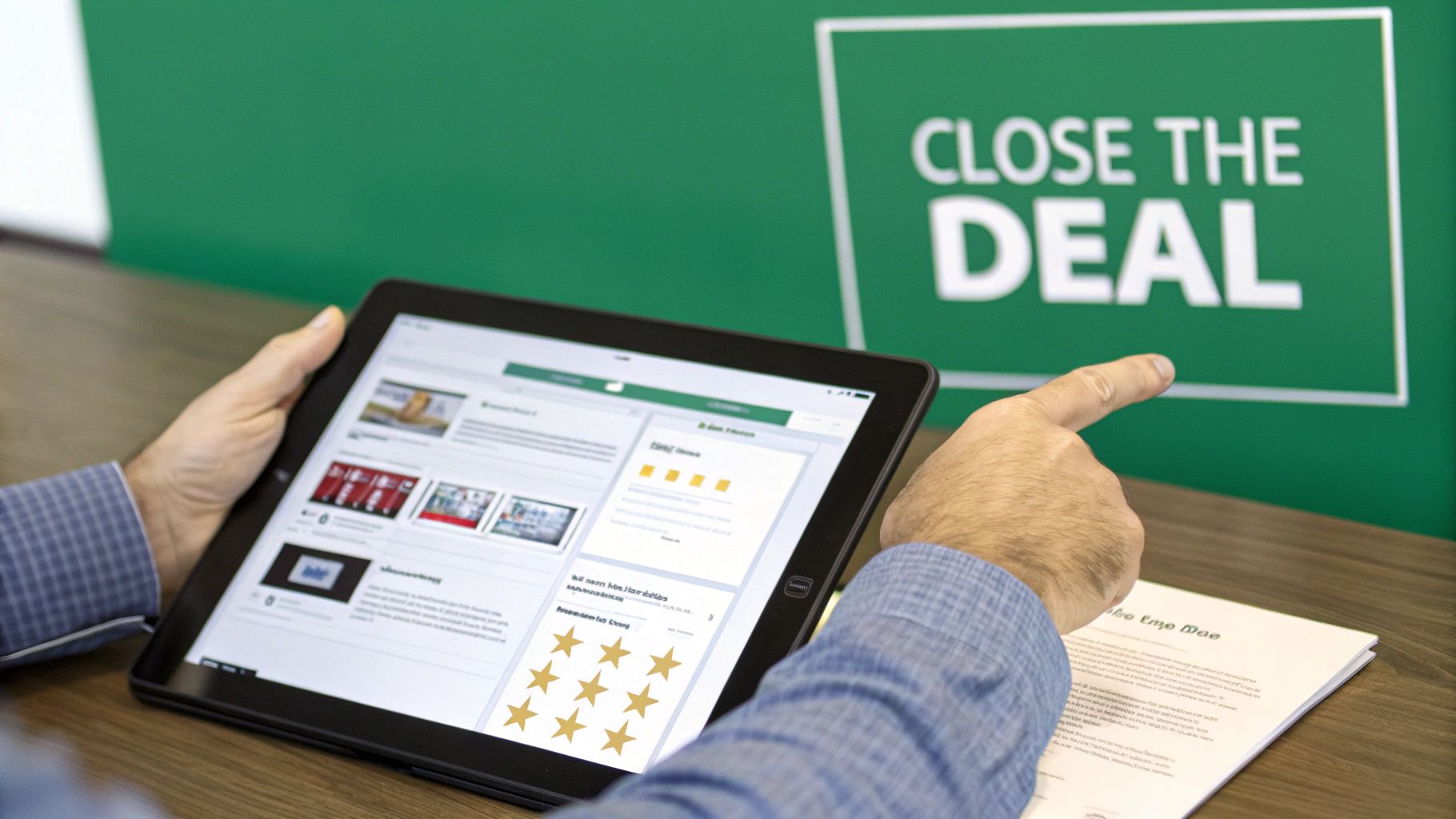A person holds a tablet displaying an app with stars, pointing to a 'CLOSE THE DEAL' sign.