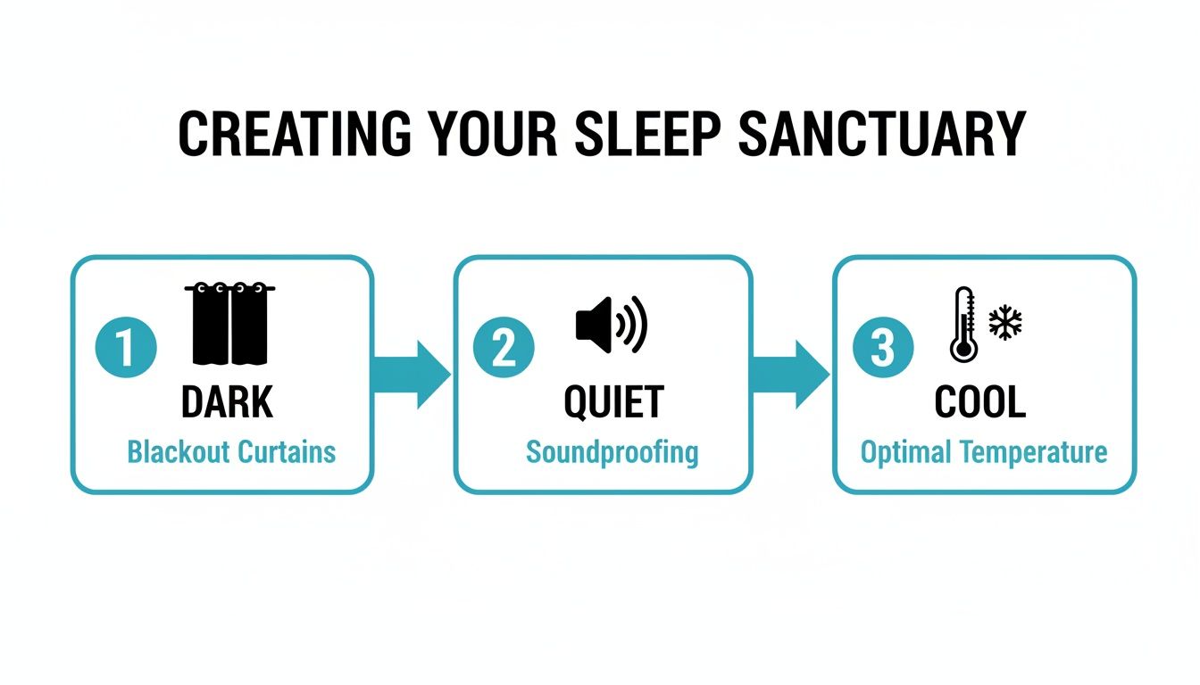 Flowchart showing three steps to create a sleep sanctuary: dark with blackout curtains, quiet with soundproofing, and cool with optimal temperature.