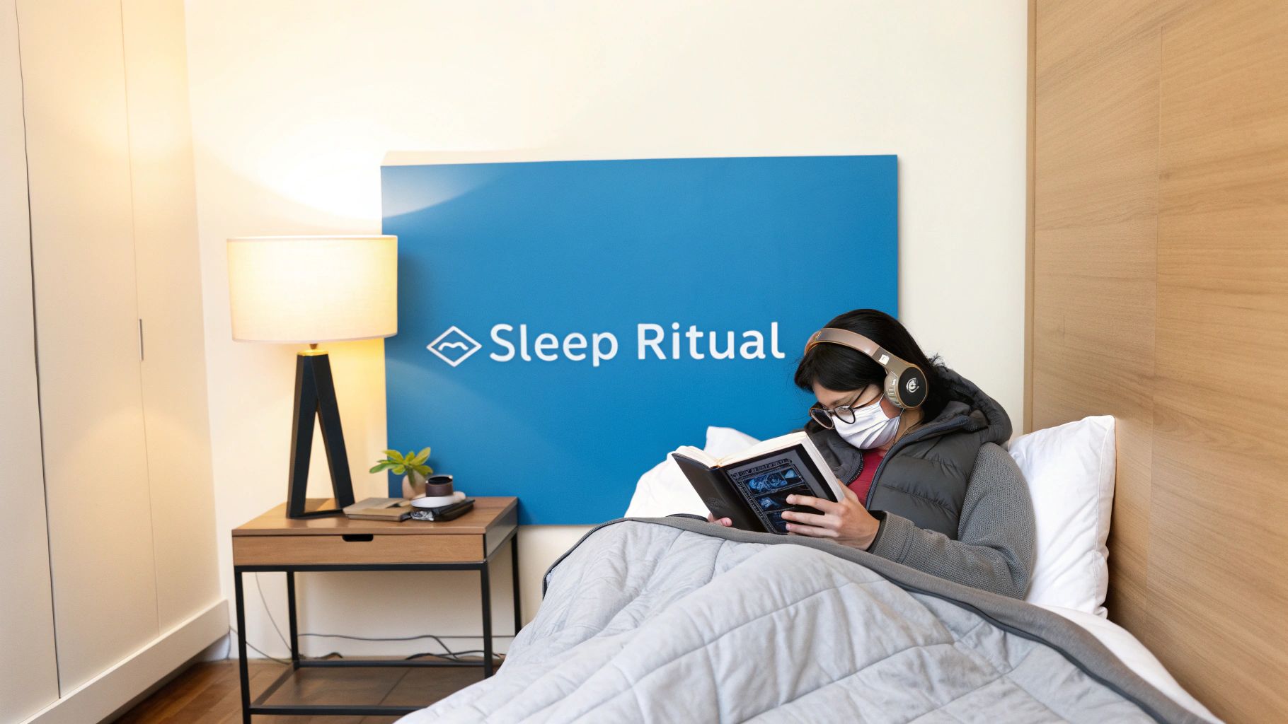 A person wearing headphones and a mask lies in bed, reading a book, with a "Sleep Ritual" sign behind.