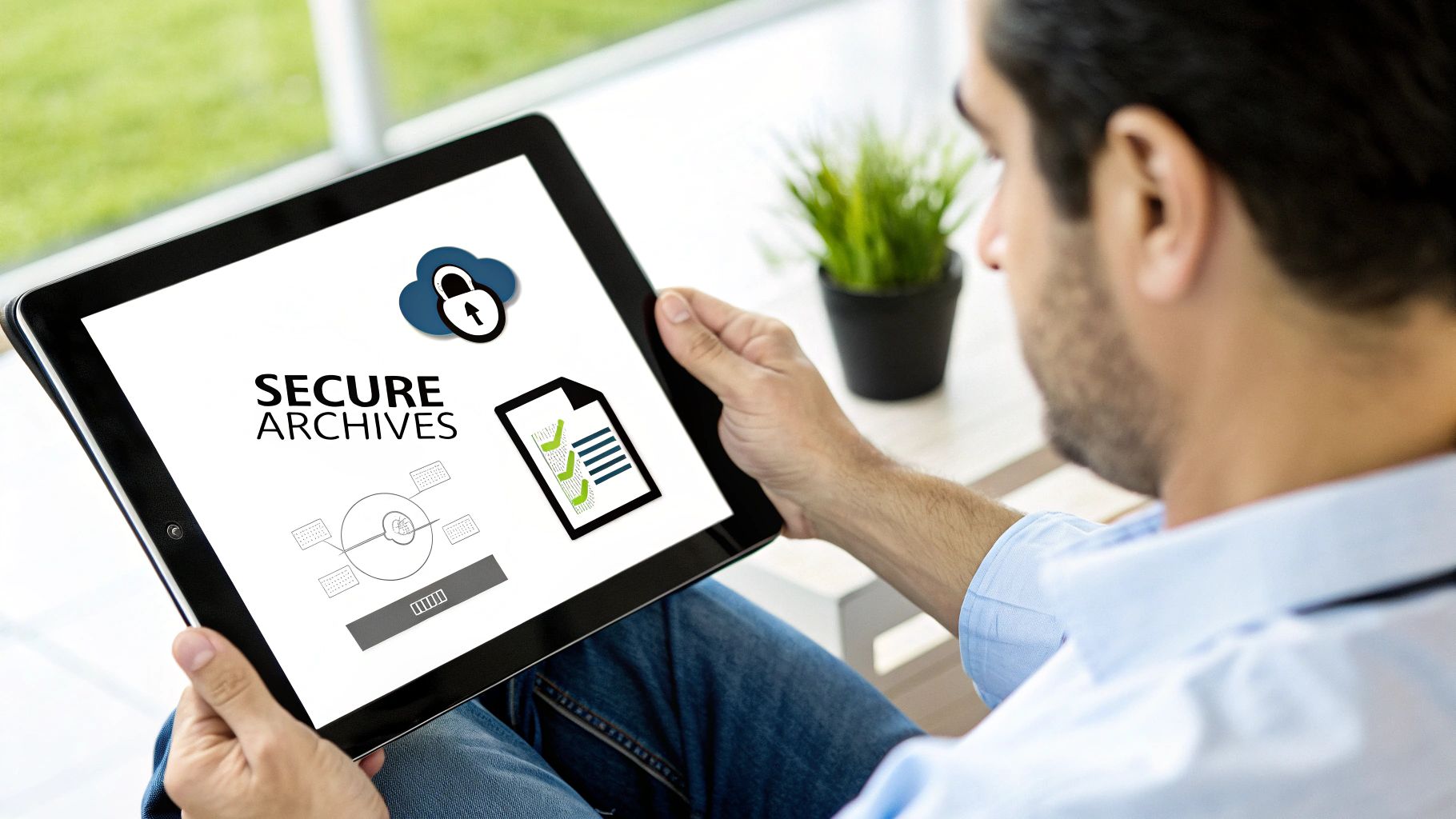 A person at a desk quickly signing up for an online fax service on their laptop, with a coffee cup nearby.