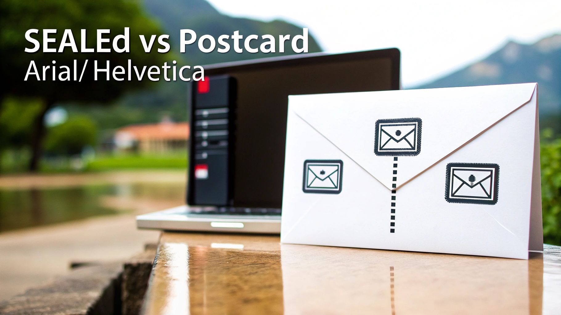 A white envelope with email icons next to a laptop, illustrating sealed vs postcard communication.