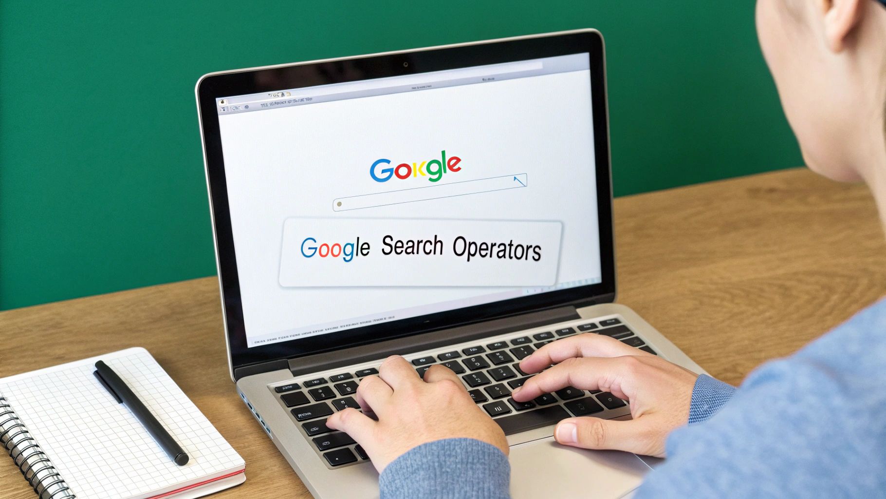 A person types on a laptop displaying 'Google Search Operators' on the screen, with a notebook on the desk.
