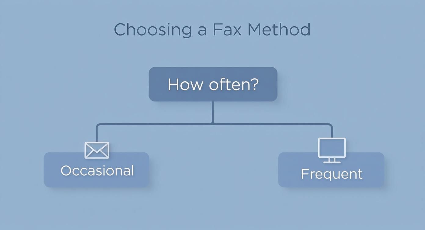 Flowchart showing how to choose a fax method based on frequency: occasional or frequent use.