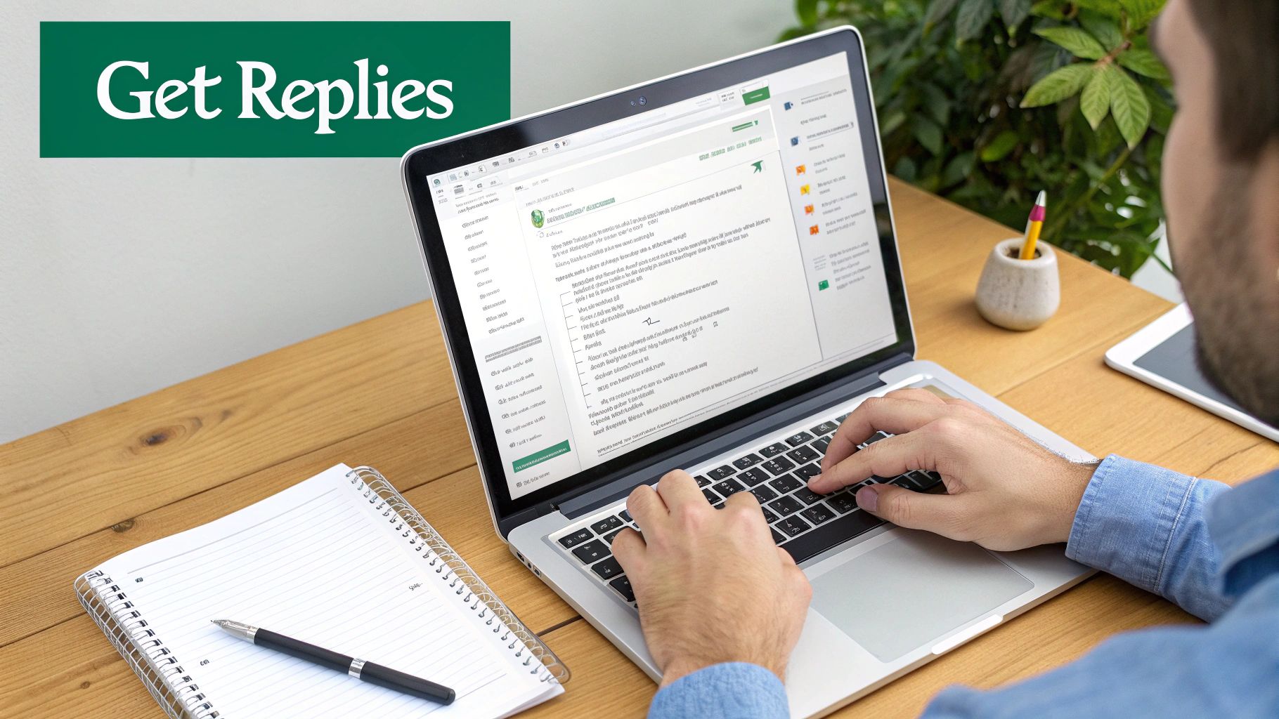 A person writing an email that is being opened and read with a positive reaction, symbolizing effective outreach.