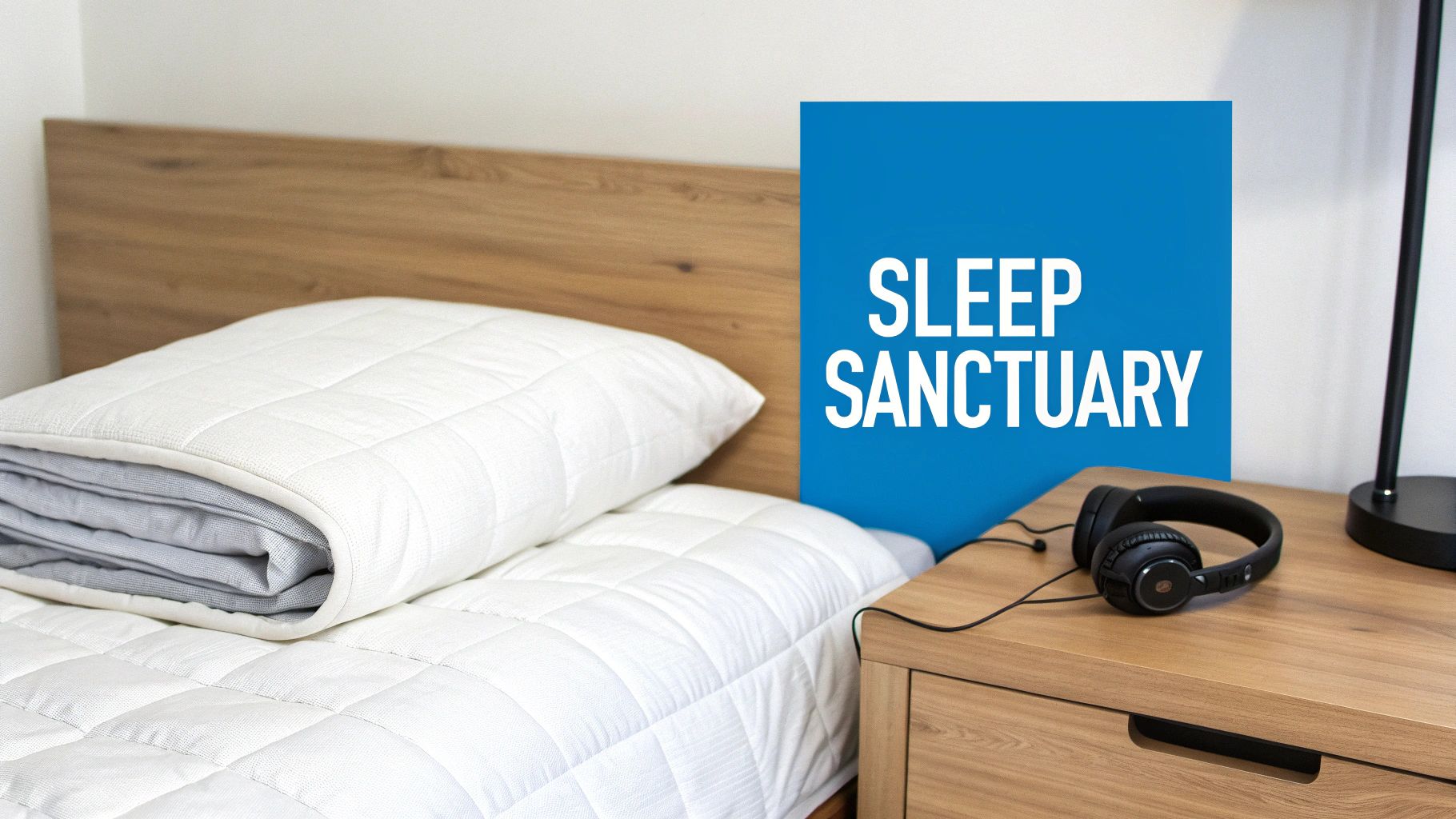 A neatly made bed with white bedding, a wooden headboard, and a nightstand with headphones and a lamp, promoting a sleep sanctuary.