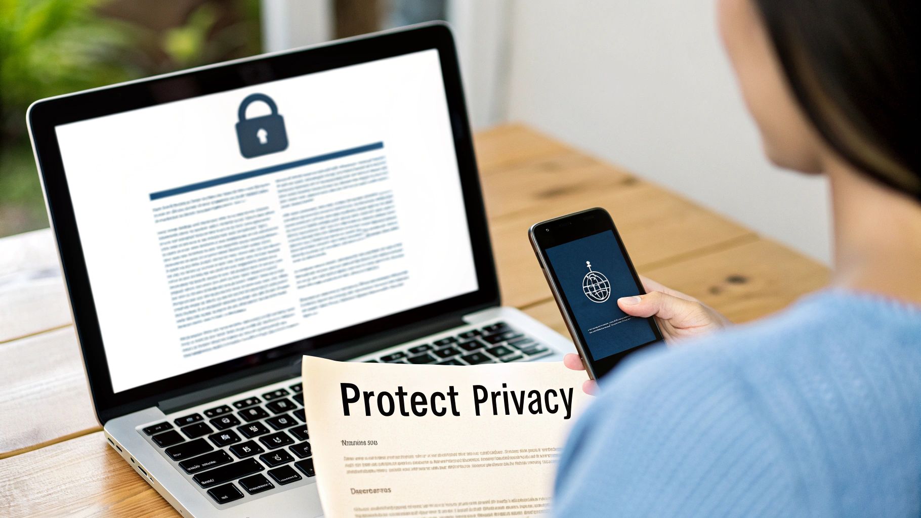 A person holds a smartphone while a laptop displays a privacy document with a padlock, emphasizing digital security.