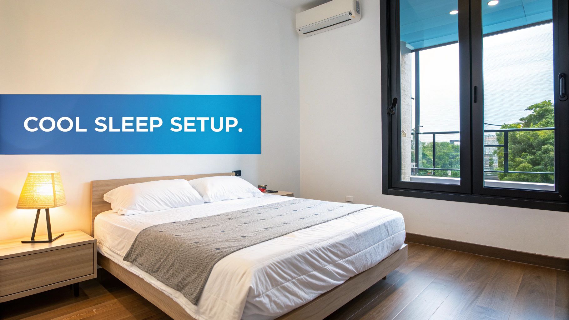 A modern bedroom featuring a comfortable bed, nightstand, and air conditioner, emphasizing a cool sleep setup.