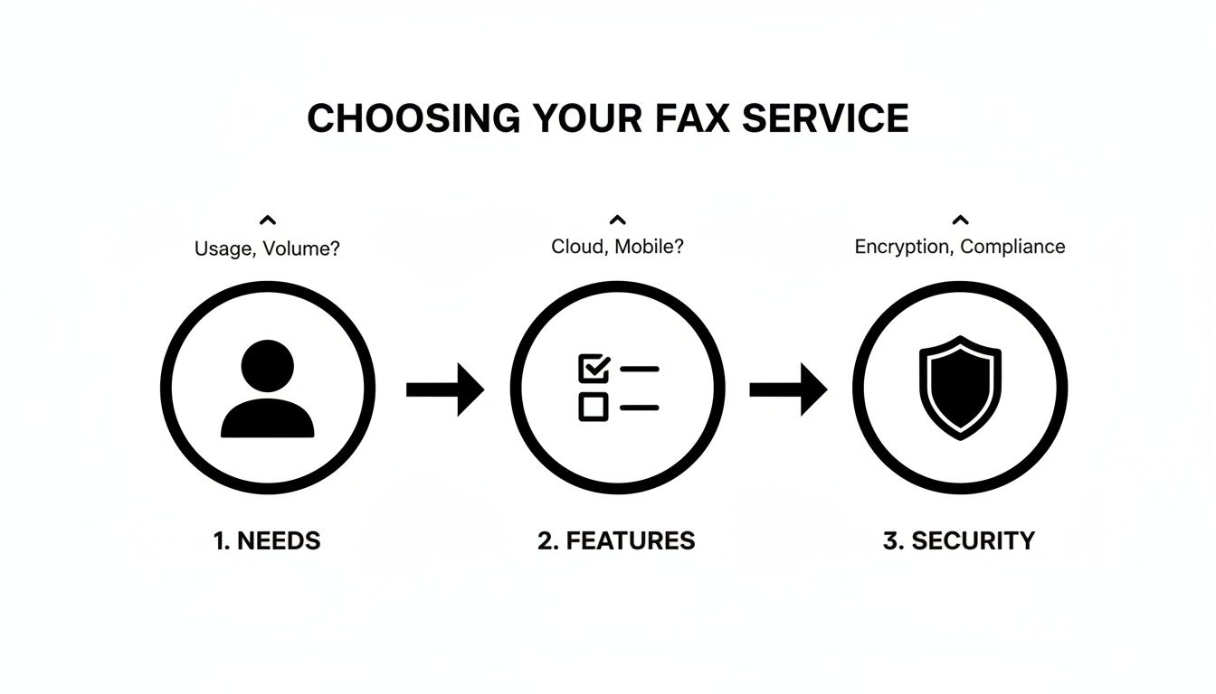 A flowchart illustrating three steps for choosing a fax service: Needs, Features, and Security.