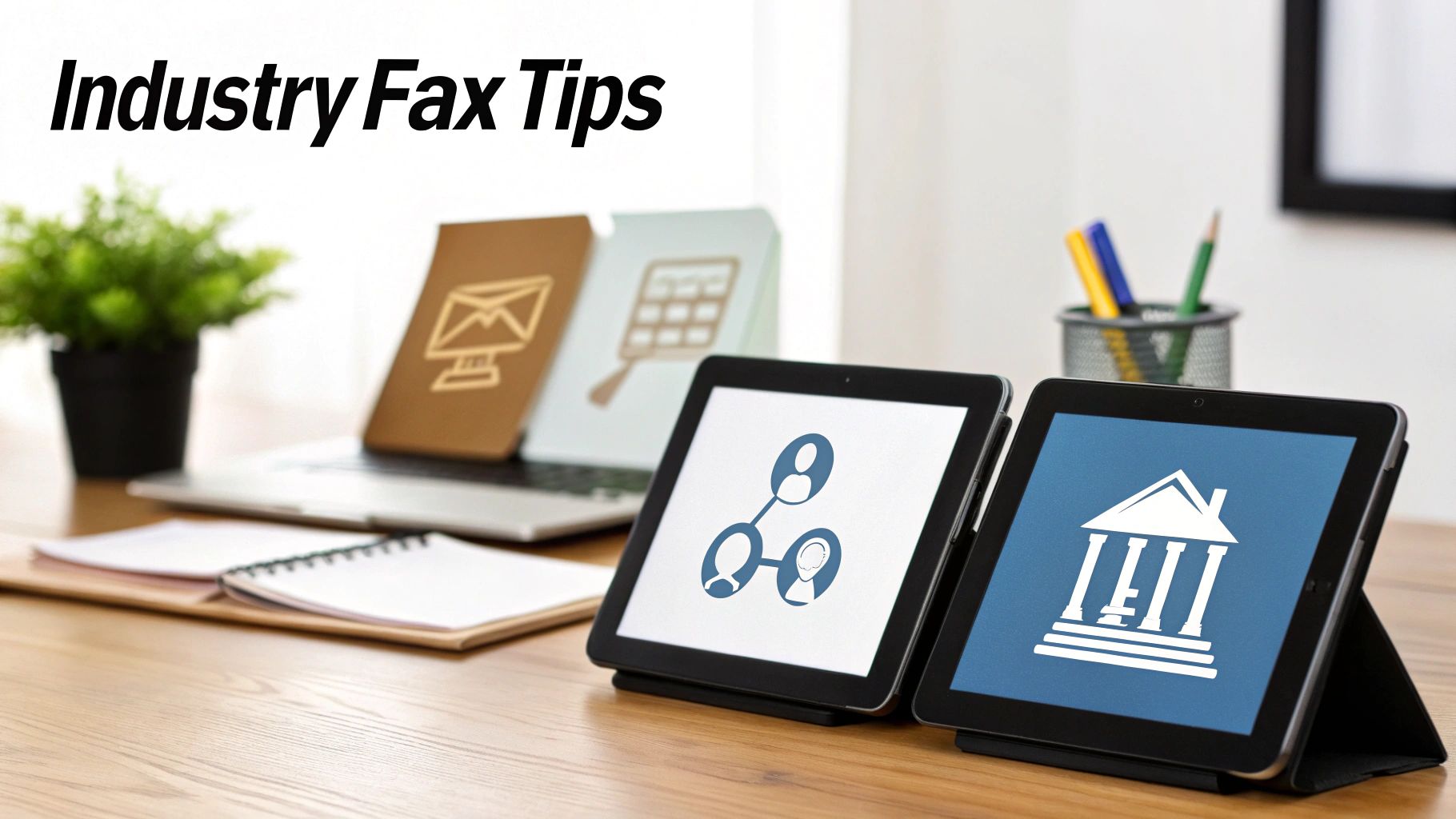 A clean workspace with tablets displaying business icons, a laptop, and documents, illustrating industry fax tips.