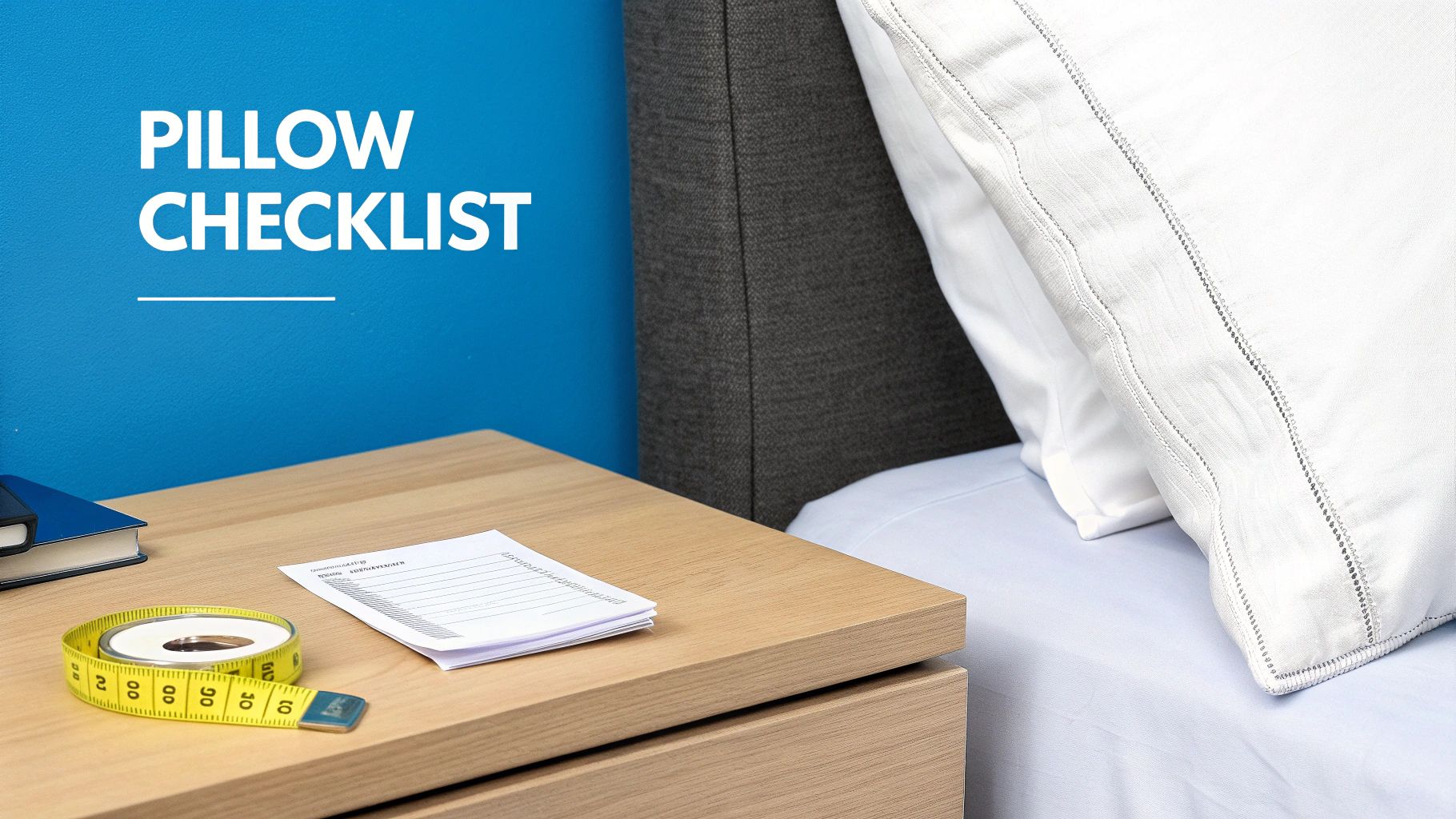 A blue wall with a 'Pillow Checklist' sign, a measuring tape, papers, and a book on a nightstand.