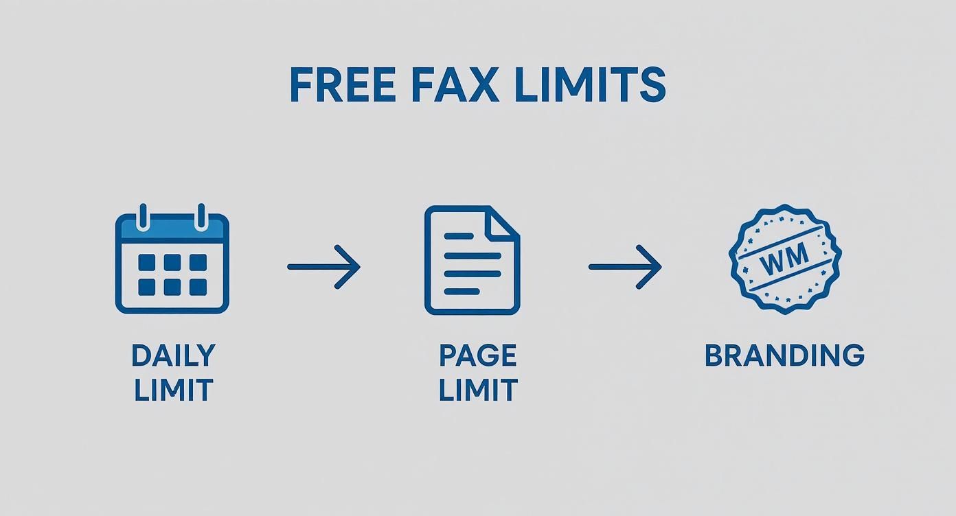 Infographic showing a three-step flow of free online fax limits: Daily Limit, Page Limit, and Branding.
