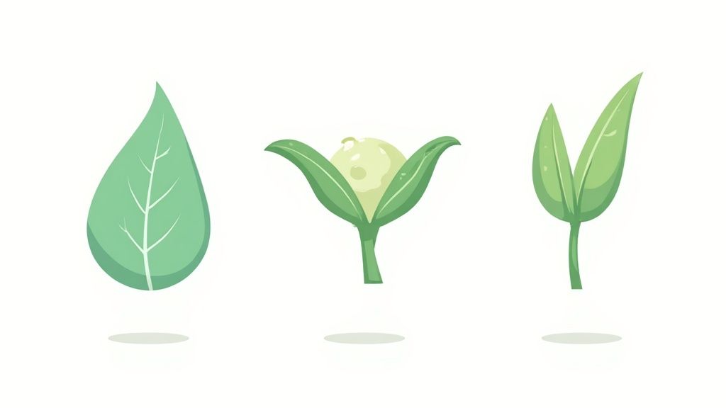 Close-up of natural makeup ingredients like avocado, shea butter, and flower petals arranged artfully.