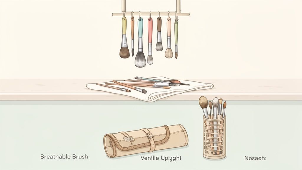 Various makeup brushes are shown drying on a rack, on a cloth, and stored in a case and holder.