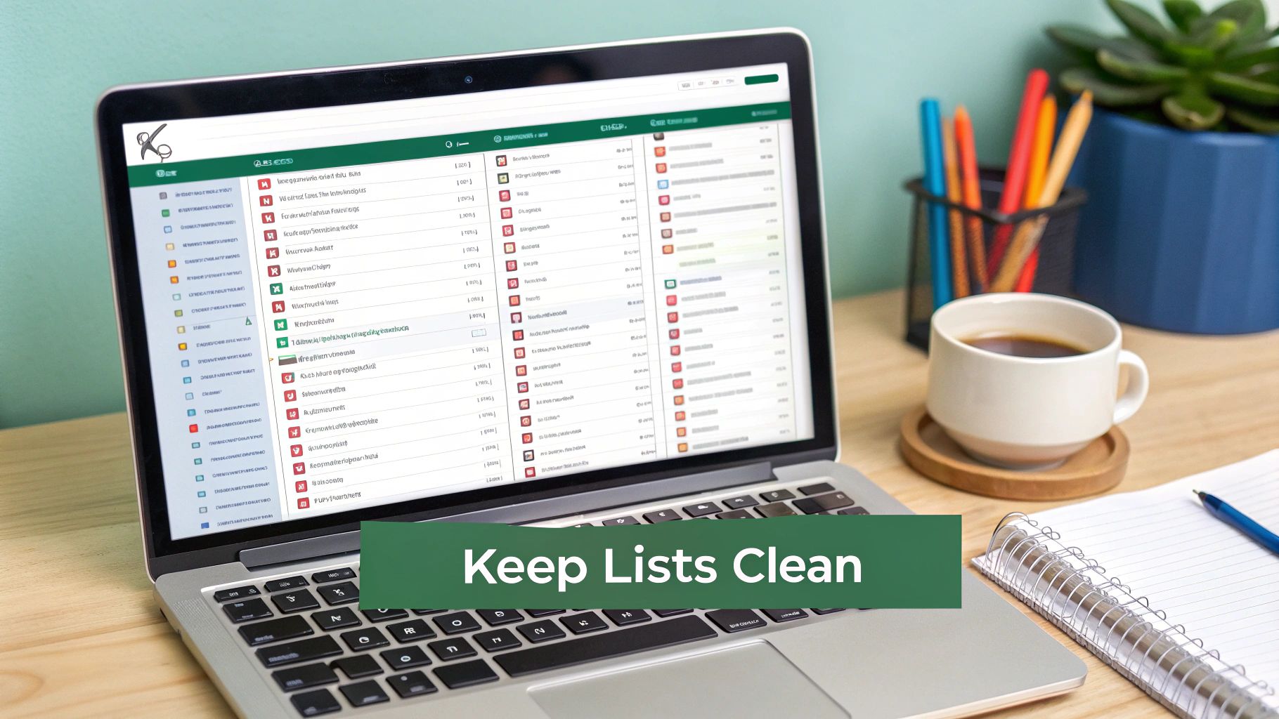A laptop displaying an application with clean lists, a cup of coffee, and office supplies on a desk, with a 'Keep Lists Clean' overlay.
