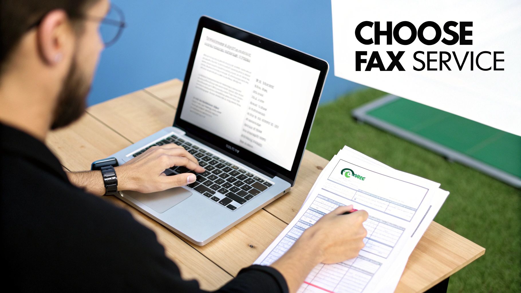 A person works on a laptop and fills out paperwork, with a text overlay promoting a fax service.