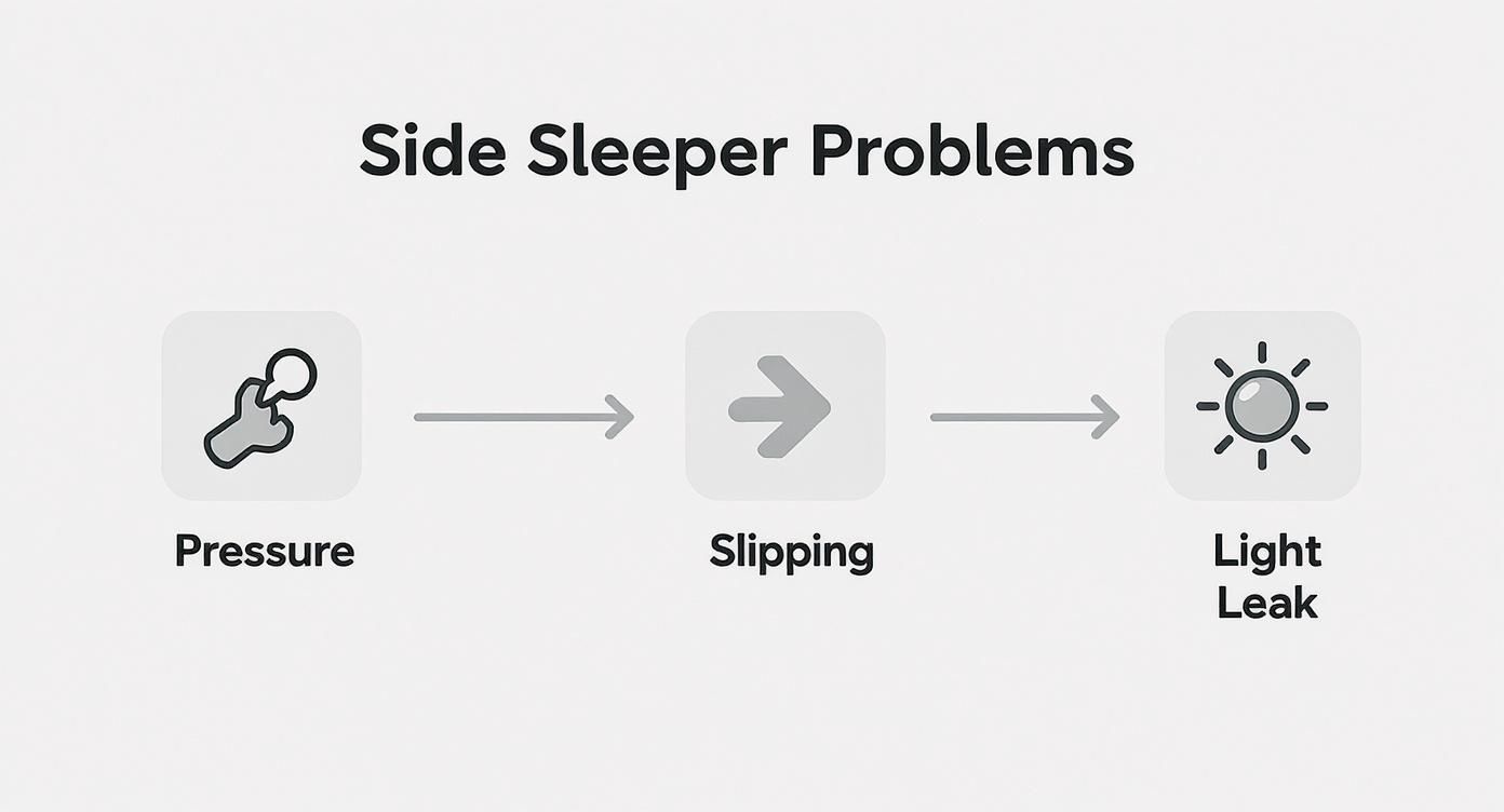 Diagram illustrating common problems for side sleepers: pressure, slipping, and light leaks.