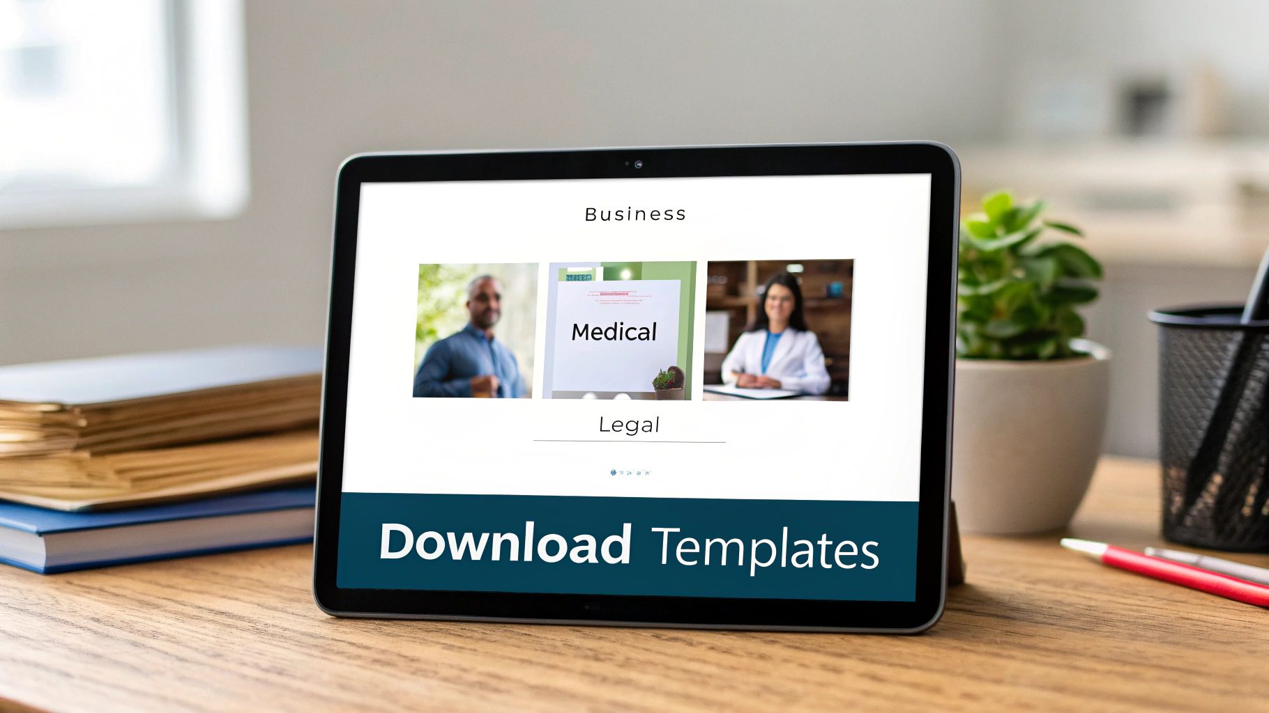 A tablet on a wooden desk displaying a website offering business, medical, and legal templates for download.