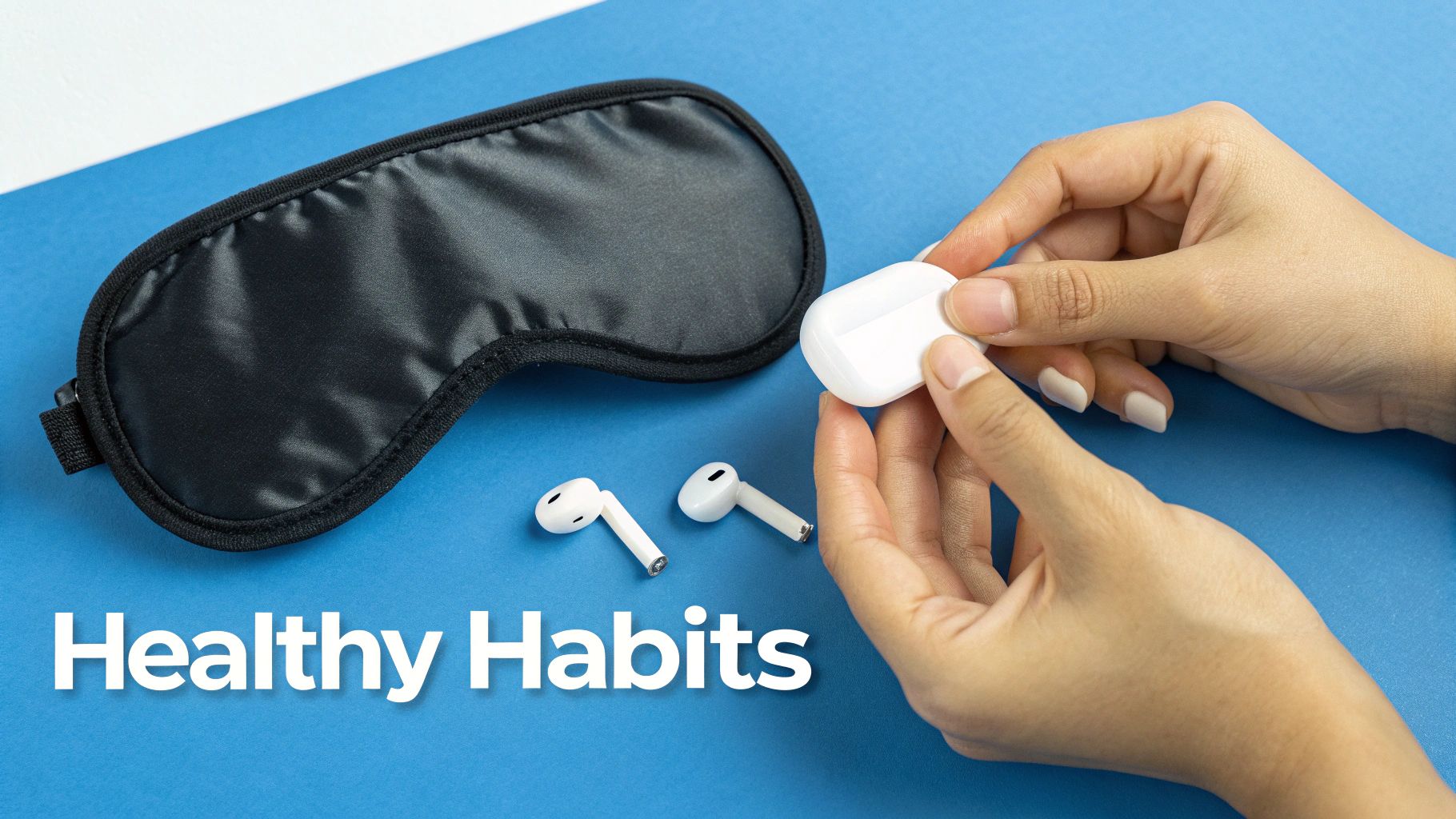 A person cleaning their sleep headphones with a soft cloth on a nightstand.
