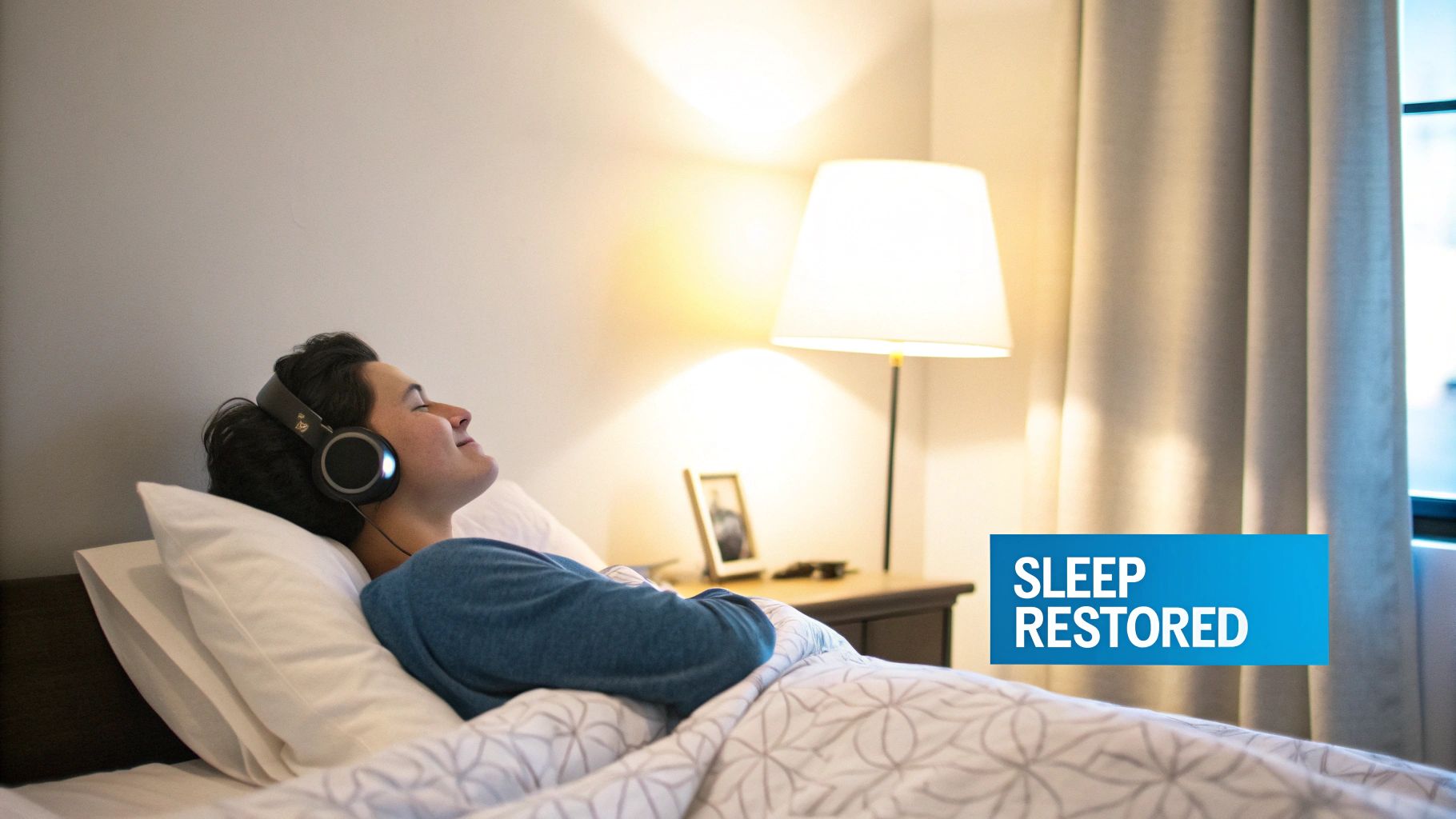 A relaxed person lies in bed wearing headphones, with a soft light and the text 'SLEEP RESTORED'.