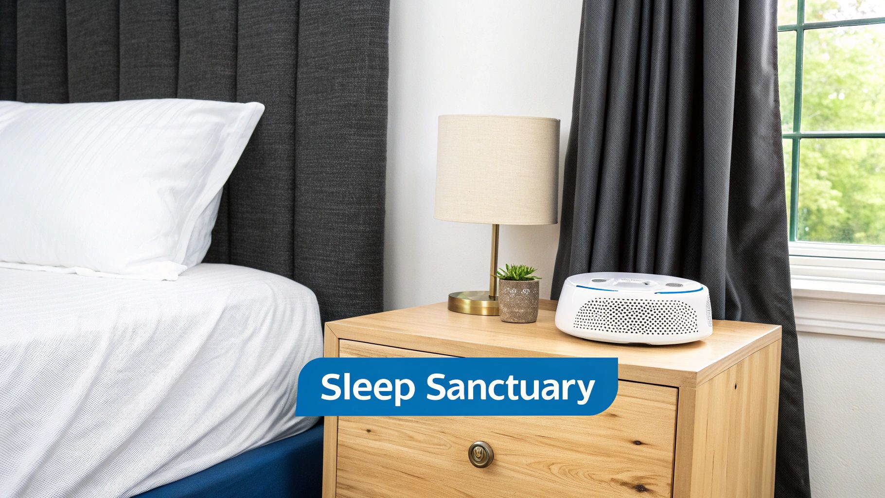 A serene, minimalist bedroom with dark curtains and soft lighting.