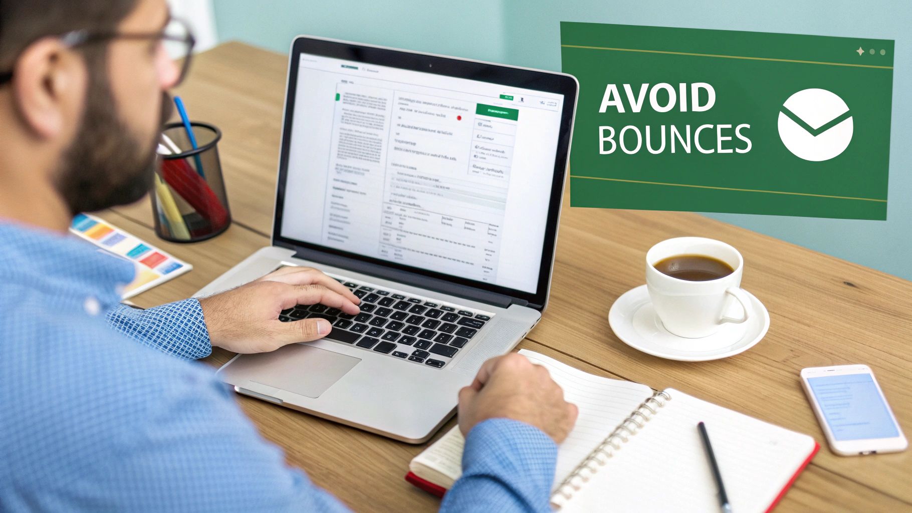 Man in glasses working on a laptop, with an 'AVOID BOUNCES' banner and coffee on a desk.