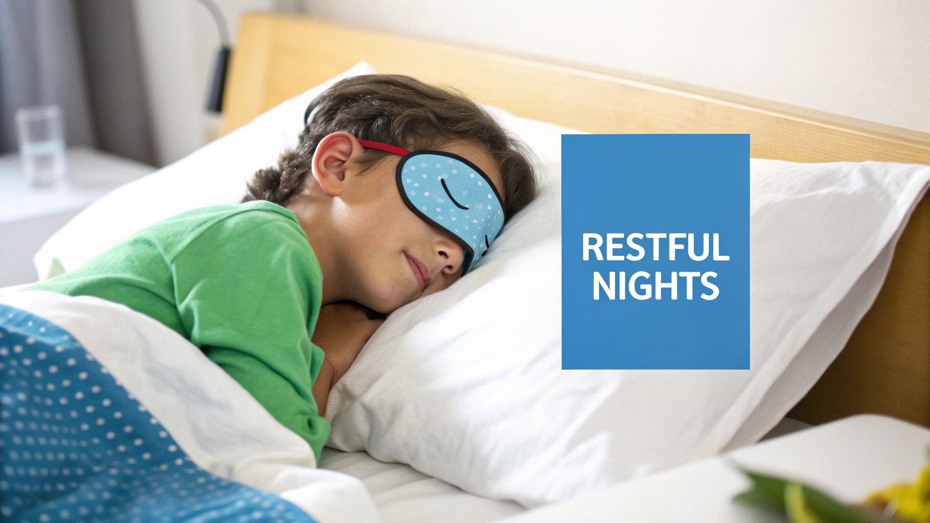 A child with a blue sleep mask sleeps peacefully in bed, promoting restful nights.
