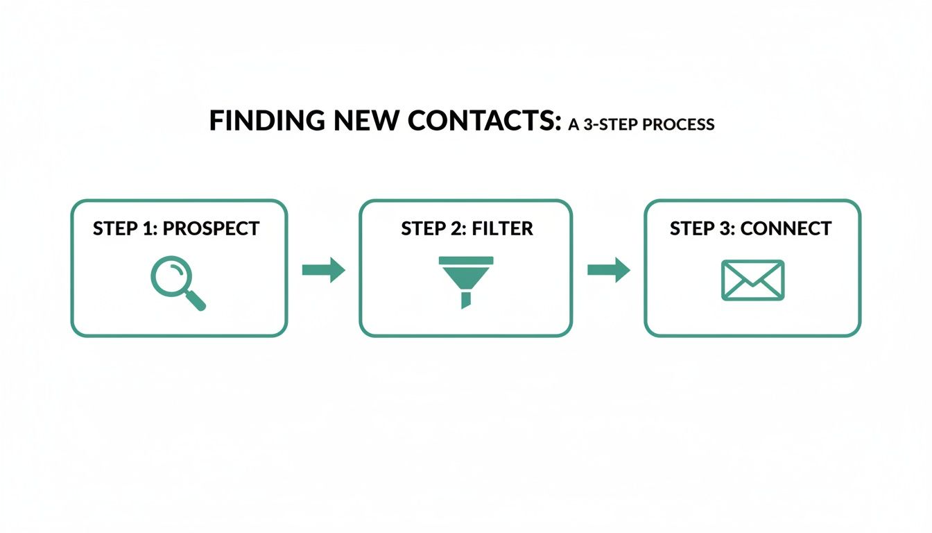A diagram illustrating a 3-step process for finding new contacts: Prospect, Filter, and Connect.