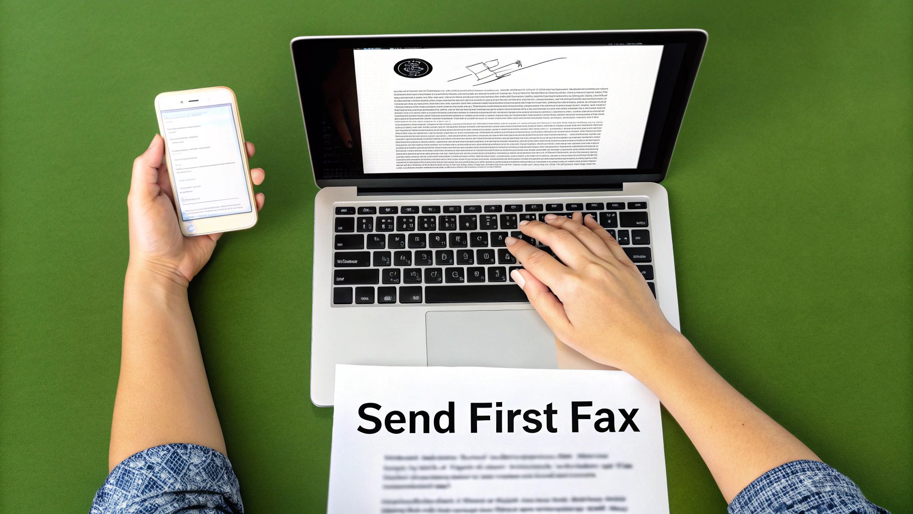 Person uploading a document to a laptop to send an online fax.