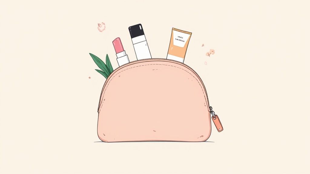 A minimalist illustration of a pink makeup bag with various beauty products and green leaves.