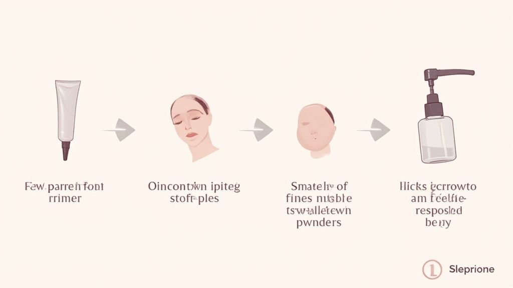 Step-by-step foundation application guide showing primer, blending, powder setting, and makeup remover steps
