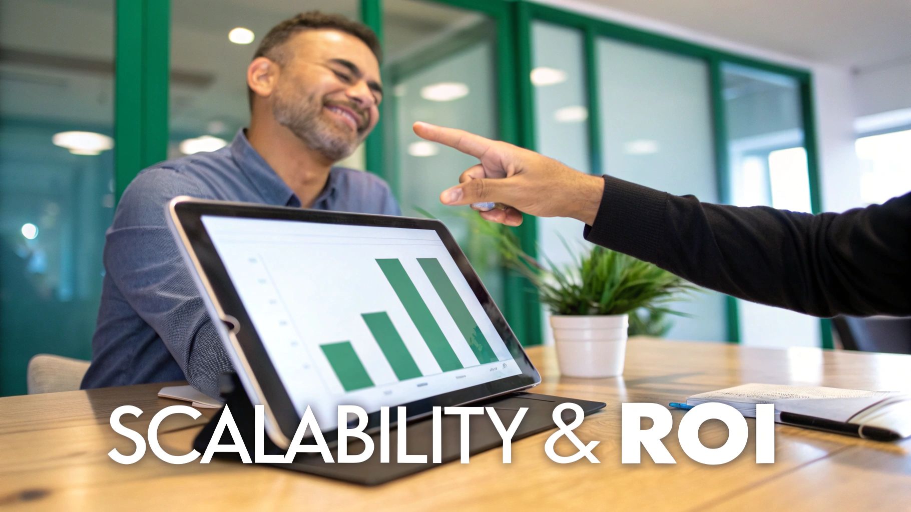 Two people analyzing business growth data on a tablet, one pointing while the other smiles.