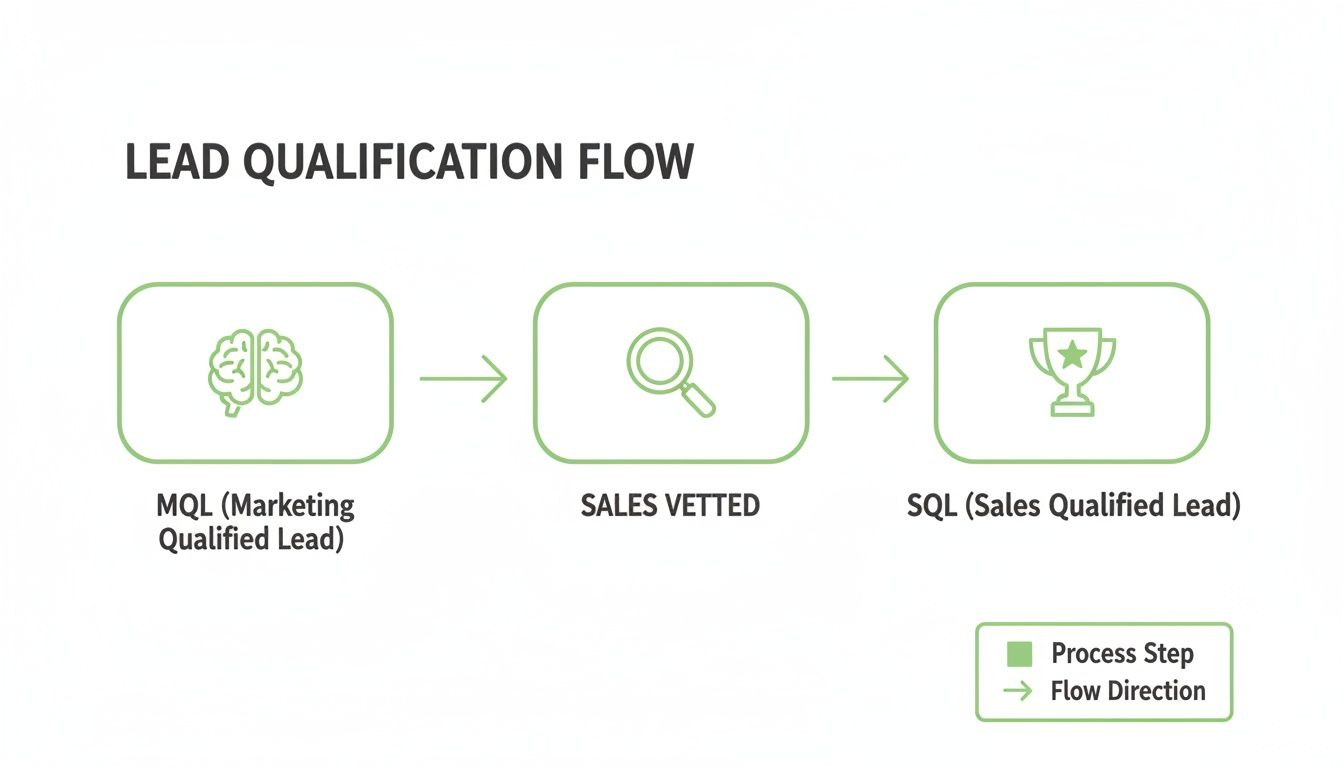 A flowchart illustrating the lead qualification process, showing steps from Marketing Qualified Lead to Sales Vetted to Sales Qualified Lead.