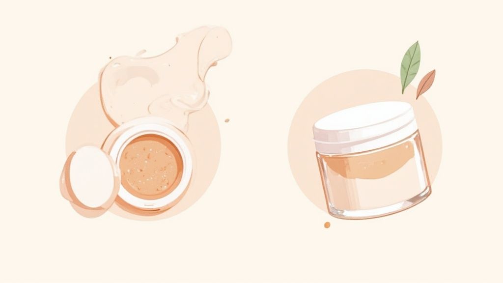 Illustration of two different types of cosmetic foundations: a cushion compact with a puff and a jar of cream.