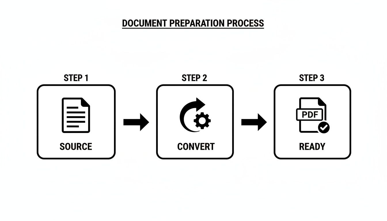 A flowchart illustrates a three-step document preparation process: Source, Convert, and Ready PDF.