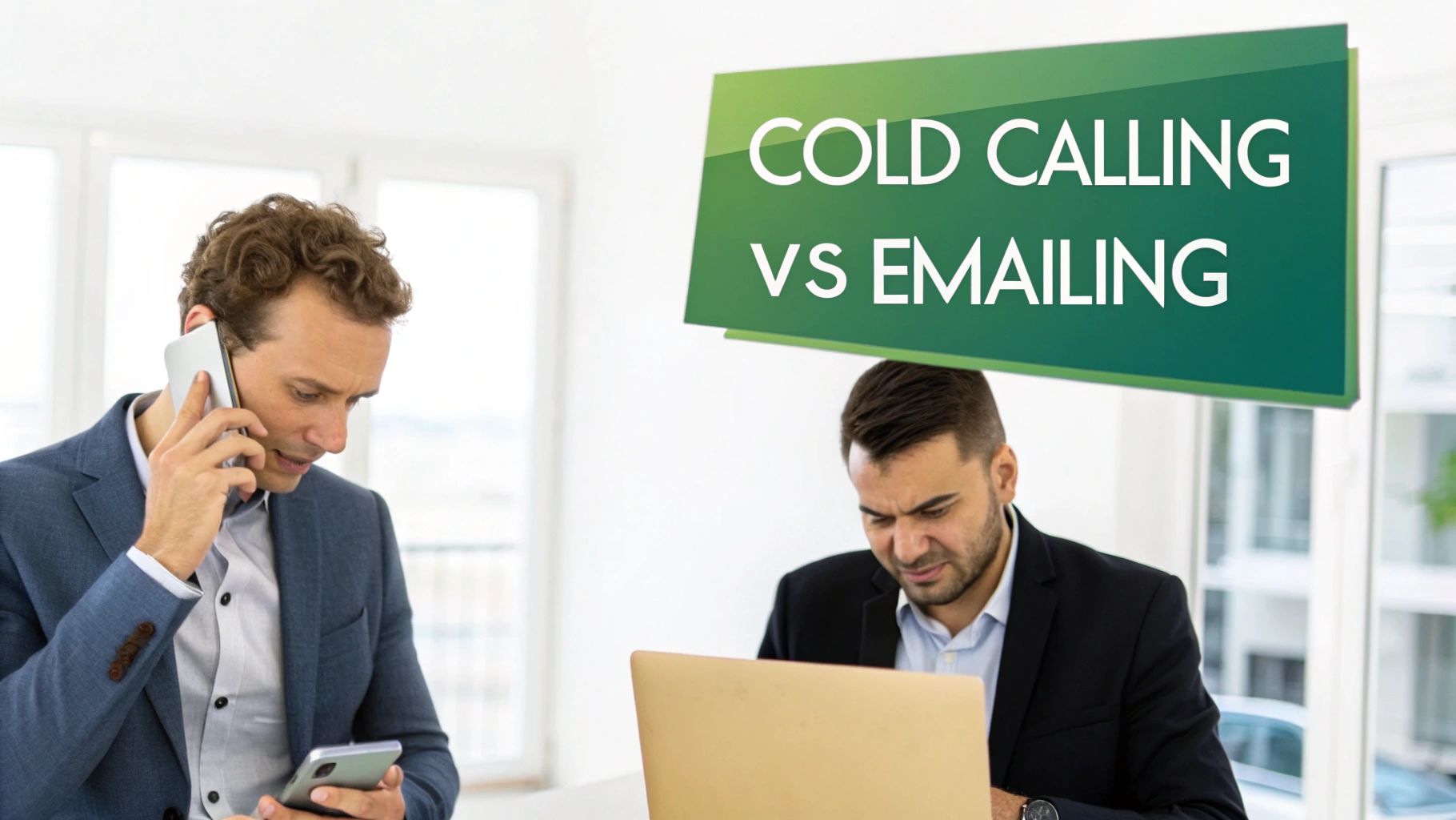 Two businessmen compare sales strategies: one is cold calling on the phone, the other is cold emailing on a laptop.