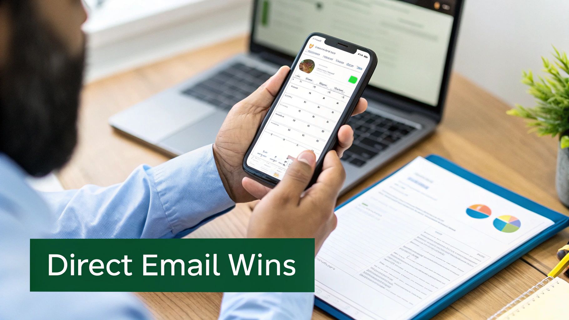 A person views an email or calendar app on a smartphone at a busy office desk.