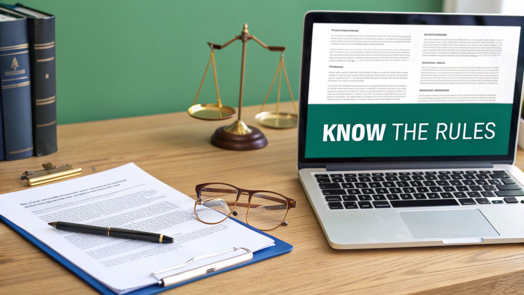 A desk with legal books, scales of justice, documents, and a laptop displaying 'KNOW THE RULES' for legal compliance.