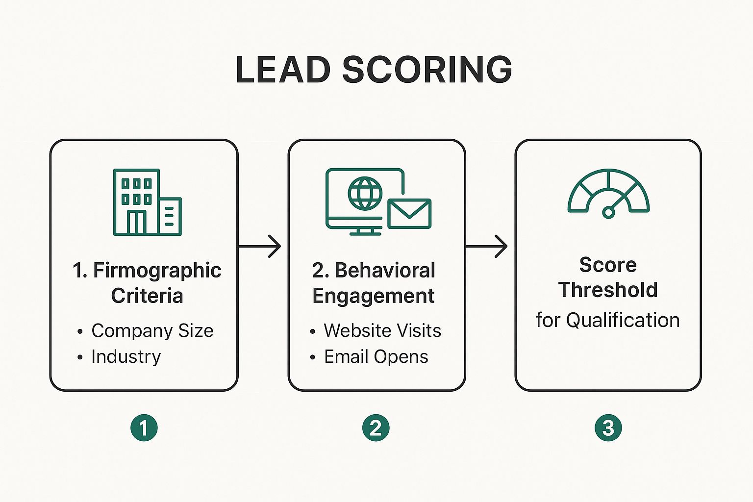 Infographic showing the lead scoring process from firmographic criteria to behavioral engagement and finally to the qualification threshold.