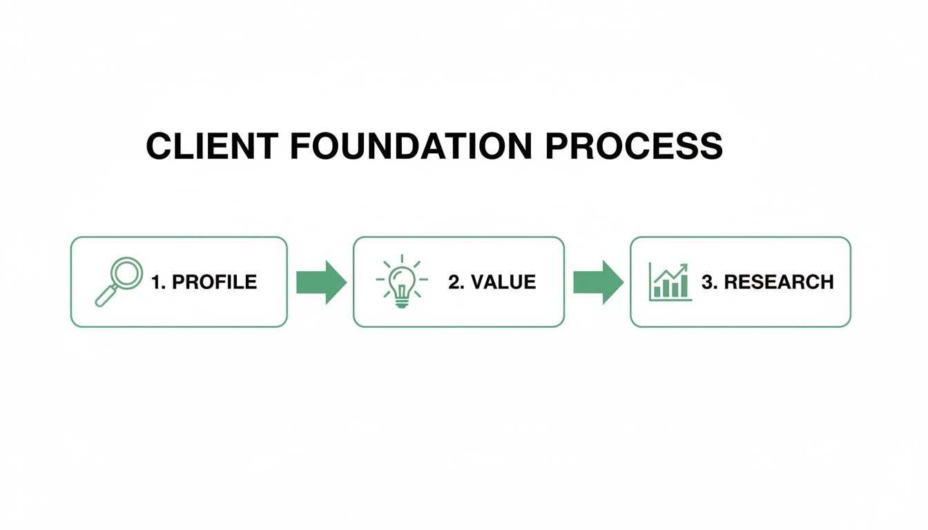 A clear diagram illustrating the client foundation process with steps: Profile, Value, and Research.