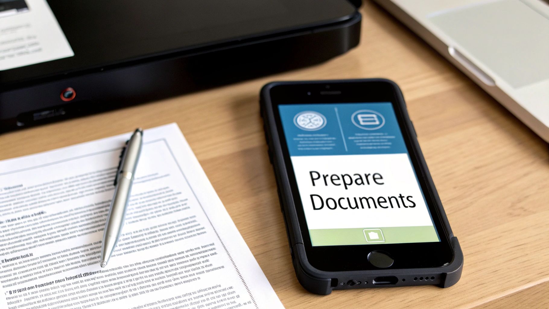 A smartphone displaying 'Prepare Documents' on a desk with a pen, paper, and printer.